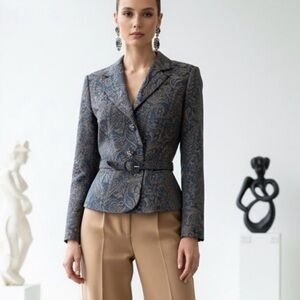 Biacci Jacquard Paisley Blazer Sz 6 Teal Bronze Jeweled Belted Jacket